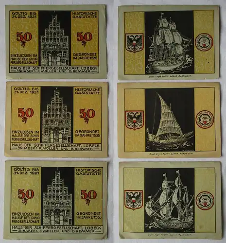 3 Banknoten Notgeld Haus der Schifffahrtsgesellschaft Lübeck 1921 (164753)