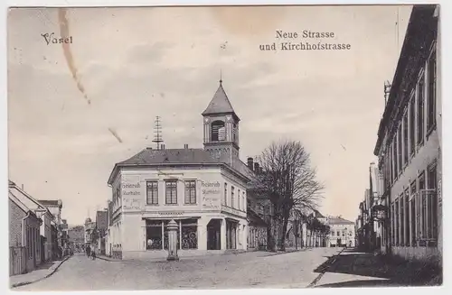 97163 Ak Varel neue Straße und Kirchhofstraße mit Fahrradladen 1914