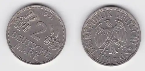 2 Mark Nickel Münze BRD Trauben und Ähren 1951 D ss+ (150361)