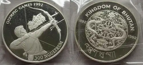300 Ngultrum Silber Münze Bhutan Olympiade Barcelona 1992 Bogenschütze (156082)