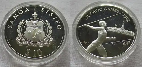 10 Tala Silbermünze Samoa Olympia Barcelona 1992, Speerwerfer 1991 (157626)