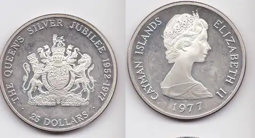 25 Dollar Silber Münze Cayman Islands Silber Jubiläum 1977 vz/Stgl. (150567)