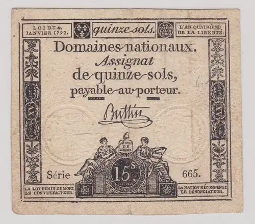 15 Sols Assignat Buttin Frankreich 4. Januar 1792 Serie 665 (162684)