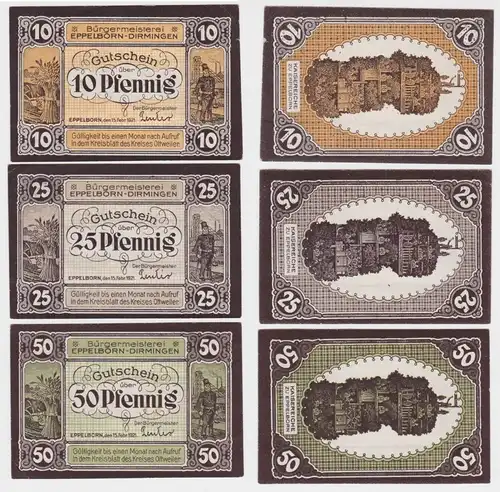 3 Banknoten Notgeld Bürgermeisterei Eppelborn Dirmingen 1921 (162095)