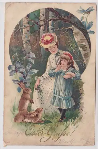 66555 Ak Oster Grüße, Mutter und Tochter mit 2 Hasen im Wald 1904