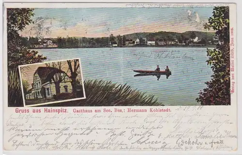 05084 Ak Gruss aus Hainspitz - Gasthaus am See, Besitzer: Hermann Kohlstedt 1906