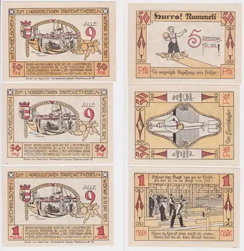 3 Banknoten Notgeld Keglerverband Wismar e.V. 9.10.1921 (162215)