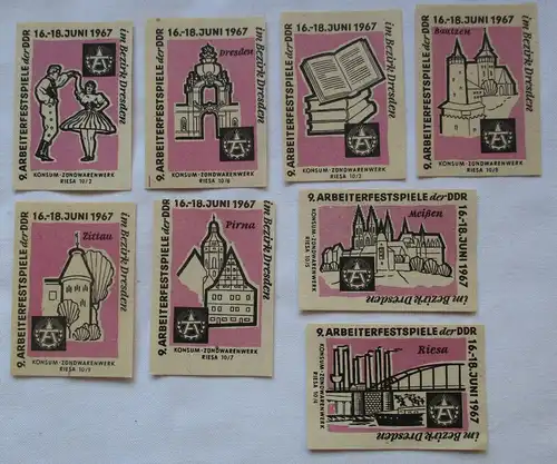 8x Streichholzetikett Serie 9. Arbeiterfestspiele der DDR Dresden 1967 (123734)