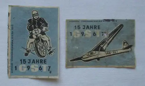 2x Streichholzetikett Serie 15 Jahre GST Gesellschaft für Sport 1967 (122905)