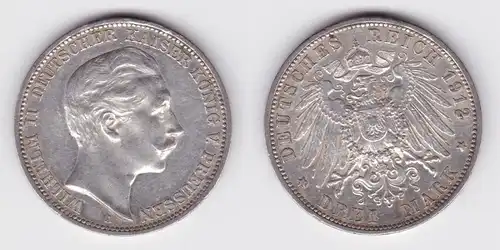 3 Mark Silbermünze Preussen Kaiser Wilhelm II 1912 A Jäger 103 ss+ (107214)