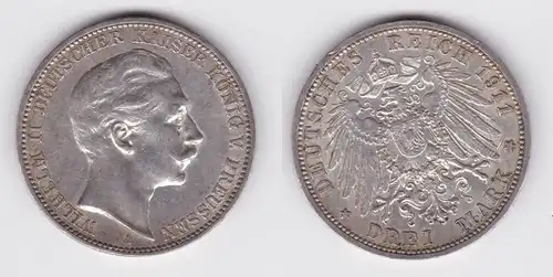 3 Mark Silbermünze Preussen Kaiser Wilhelm II 1911 A Jäger 103 ss (100096)