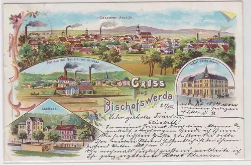 903562 Ak Lithographie Gruß aus Bischofswerda Hotel, Stadtbad usw. 1899