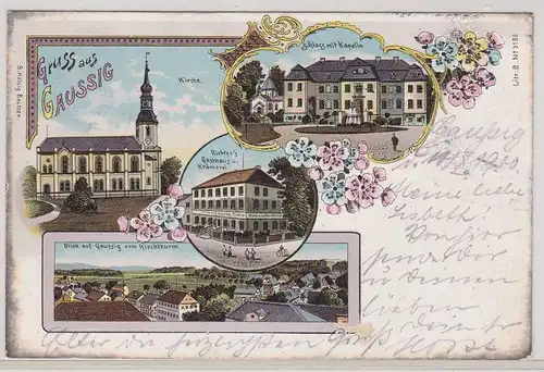 903560 Ak Lithographie Gruß aus Gaussig Gasthaus, Kirche usw. 1900