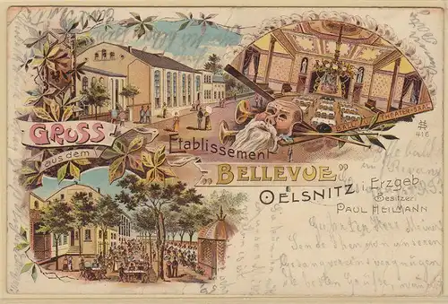 903565 Ak Lithographie Gruß aus dem Etablissement "Bellevue" Oelsnitz i.E. 1907
