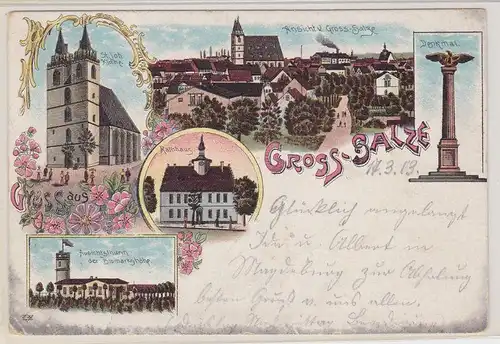 903323 Ak Lithographie Gruß aus Gross-Salze Denkmal, Rathaus usw. 1902