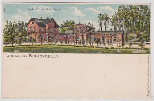 904264 Ak Lithographie Gruß aus Blumenthal i.H. Bahnhof & Wartehalle um 1900