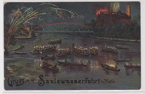 92033 Ak Lithographie Gruß von der Saalewasserfahrt bei Halle 1911