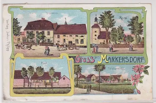 903563 Ak Lithographie Gruß aus Markersdorf Brauerei, Post usw. 1909