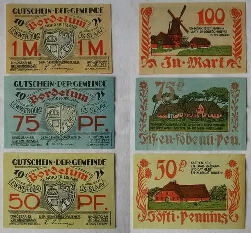 3 Banknoten Notgeld Gemeinde Bordelum 1921 (100625)