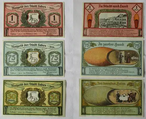 3 Banknoten Notgeld Stadt Labes Lobez in Pommern Oktober 1921 (115868)