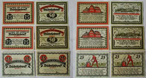 je 2 x 25, 50 & 75 Pfennig Banknoten Notgeld Gemeinde Büdelsdorf 1921 (129461)