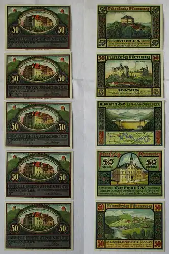 5 x 50 Pfennig Banknoten Notgeld Stadt Ziegenrück 30.7.1921 (124561)