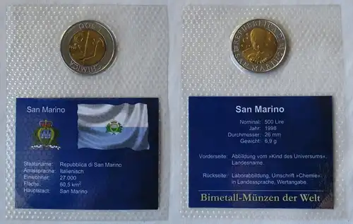 Bi-Metall Münze der Welt 500 Lire San Marino 1998 im Blister (163271)