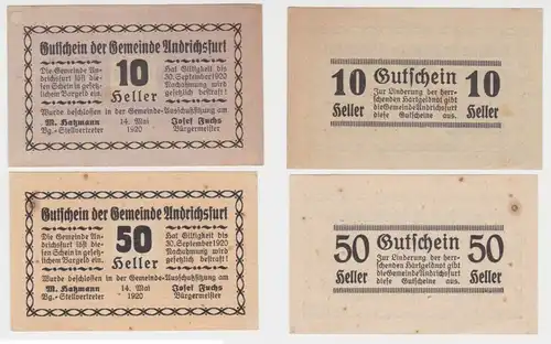 2 Banknoten 10 und 50 Heller Notgeld Gemeinde Andrichsfurt (154492)