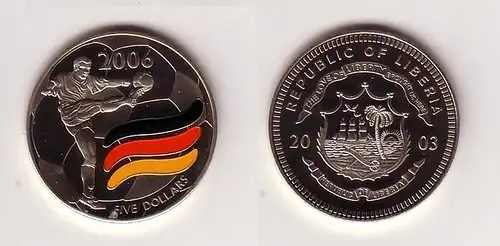5 Dollar Farb Münze Liberia 2003 Fussball WM 2006 Deutschland (108502)