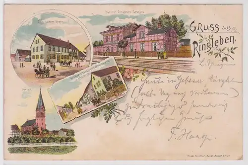18473 Ak Lithographie Gruß aus Ringleben Bahnhof, Gasthof usw. 1899