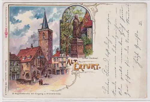 901919 Ak Lithographie Alt-Erfurt St.Aegidienkirche mit Eingang zur Krämerbrücke