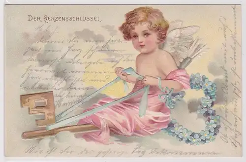 89463 Glückwunsch Präge Ak Engel reitet "Den Herzensschlüssel" um 1900
