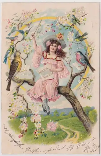 900876 Glückwunsch Präge Ak Mädchen dirigiert Vögel Fröhliche Pfingsten 1907