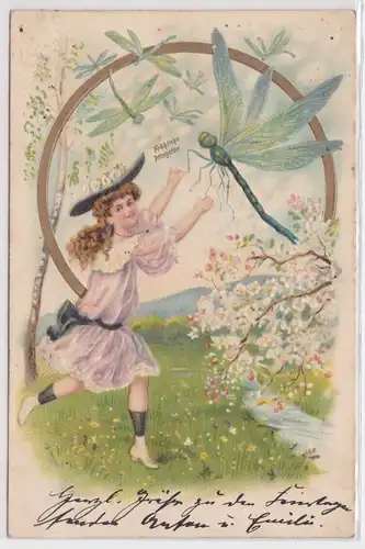 00184 Glückwunsch Präge Ak Mädchen mit Libellen Fröhliche Pfingsten 1905