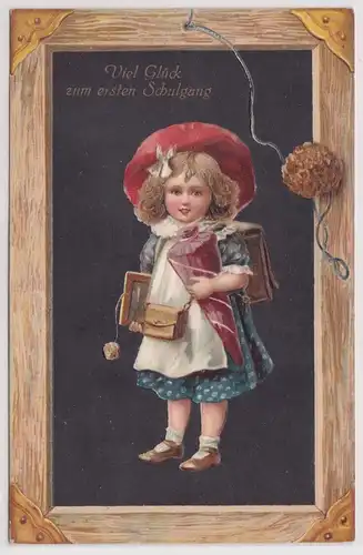 97425 Präge Ak Viel Glück zum ersten Schultag, Kind mit Zuckertüte 1914