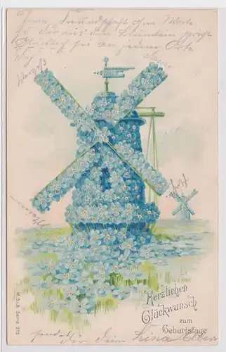 902093 Glückwunsch Präge Ak Windmühle aus Vergissmeinnicht 1905