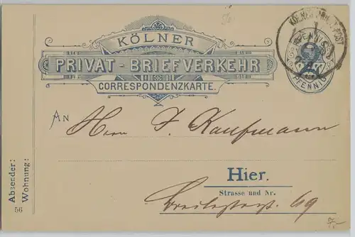 63572 Privatpost Ganzsachen Postkarte Kölner Privat Briefverkehr 2 Pfennig 1881