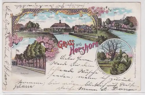 26001 Ak Lithographie Gruß aus Herzhorn Gasthaus, Bahnhof usw. 1898
