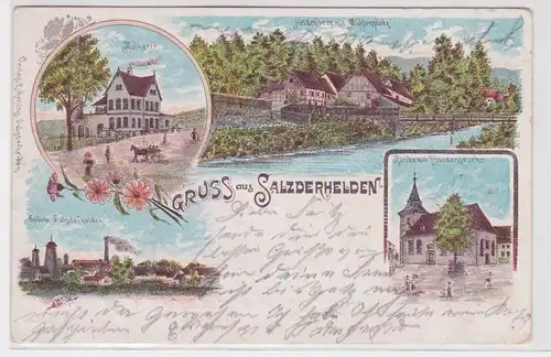 900621 Ak Lithographie Gruß aus Salzderhelden Molkerei, Saline, Kirche usw. 1918