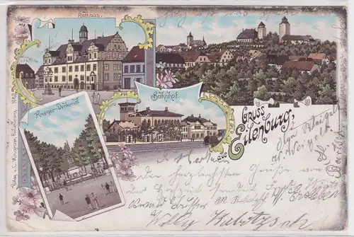 09955 Ak Lithographie Gruß aus Eilenburg Bahnhof, Kriegerdenkmal usw. 1900