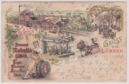 901822 Ak Lithographie Gruß aus Lübeck Brauerei Volkmühle 1902