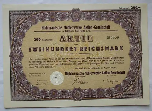 200 Reichsmark Aktie Hildebrandsche Mühlenwerke AG Böllberg Aug. 1929 (155931)