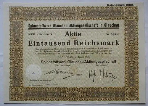 1000 Reichsmark Aktie Spinnstoffwerk Glauchau AG Januar 1935 (159178)