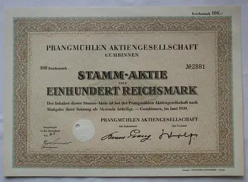 100 Mark Stammaktie Prangmühlen AG Gumbinnen Juni 1939 (153987)
