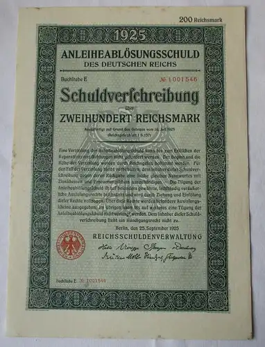 200 Reichsmark Aktie Reichsschuldenverwaltung Berlin 25. September 1925 (154879)