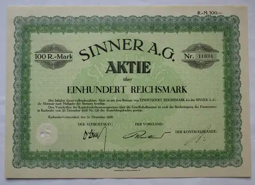 100 Reichsmark Stammaktie Sinner AG Karlsruhe-Grünwinkel 31. Dez. 1926 (152916)