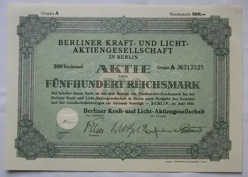 500 Reichsmark Stammaktie Berliner Kraft- und Licht AG Juni 1931 (155016)