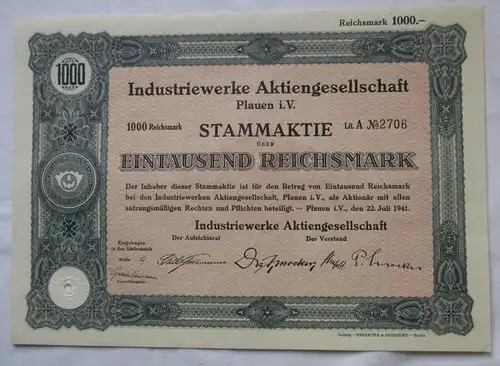 1000 Reichsmark Stammaktie Industriewerke AG Plauen i.V. 22. Juli 1941 (156025)