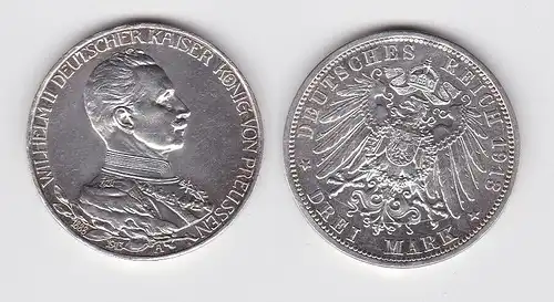 3 Mark Silbermünze Preussen Kaiser Wilhelm II in Uniform 1913 Jäger 112 (150625)