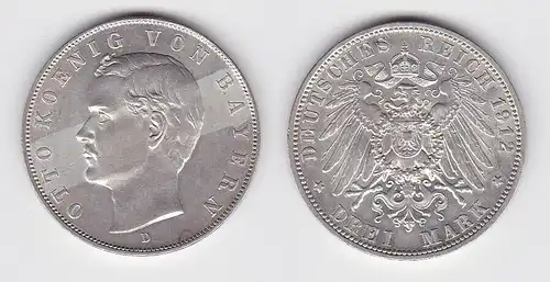 3 Mark Silbermünze Bayern König Otto 1912 Jäger 47 ss+ (141684)